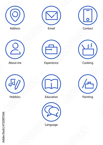 Unique, simple minimal icon set for professional cvs: essential elements for resume design - skills, education, experience, hobbies, cooking, address, email, contact, phone