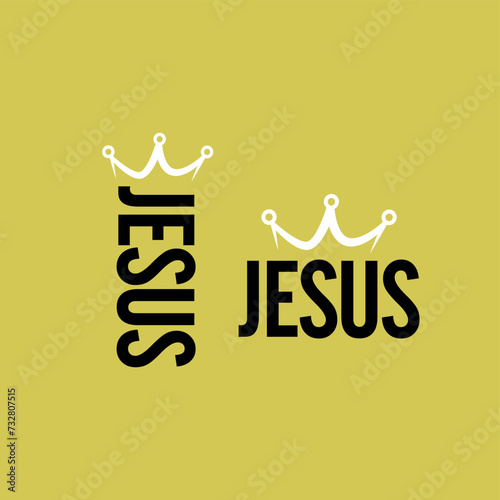 Jesus. Written in black in two different positions and above both there is a white crown. butter yellow background.