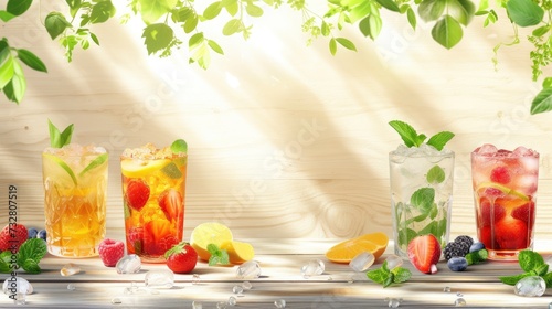 assortment of fresh iced fruit drinks on wooden background, realistic, copy space - generative ai