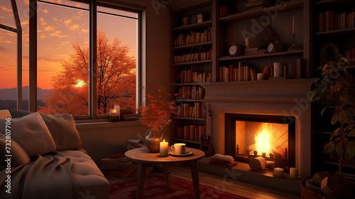 Cozy Warm Room, fireplace, AI generated