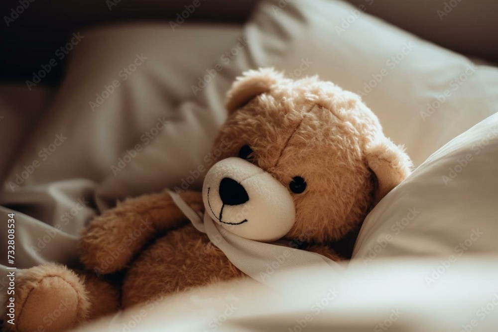 Unwell teddy bear resting in bed. Generative AI