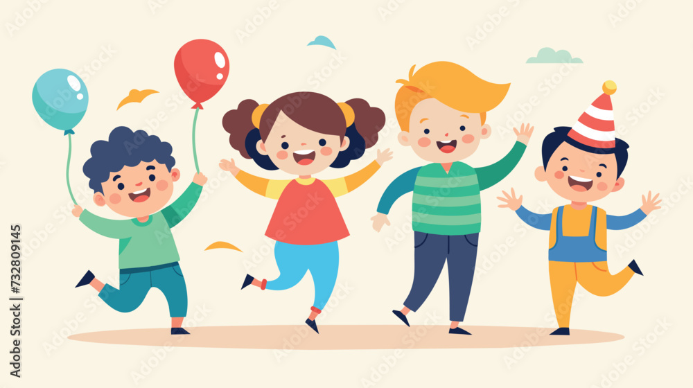 Cheerful children celebrating with balloons and party hats