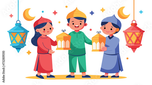 Children celebrating Ramadan with colorful lanterns and smiles