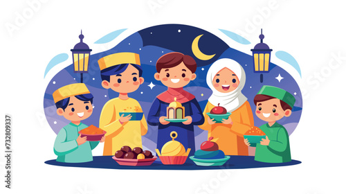 Happy Muslim family celebrating Ramadan together with food
