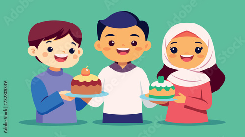 Happy children sharing cakes illustration on green background