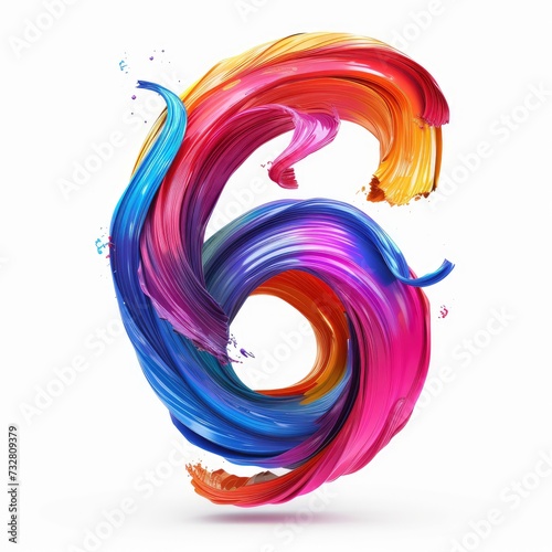 Colorful volumetric brush strokes floating in the air in a shape of number 6, 3D style, isolated on white background 