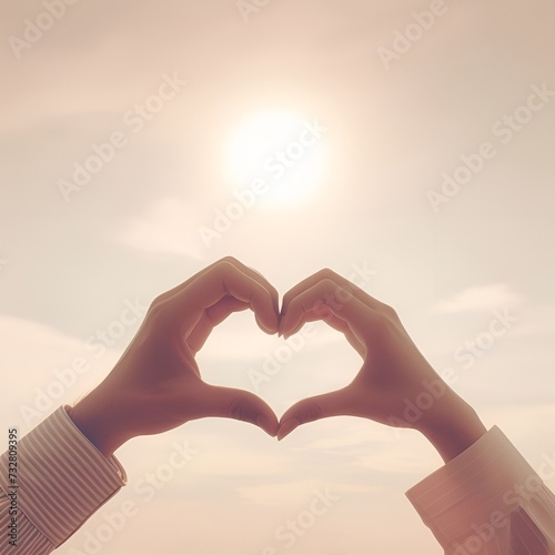 The person hand shows the heart shape symbol on the sunset background. Makes with a hand gesture a silhouette of a heart shape on a sunset sky background. Love and valentines day travel concept. 