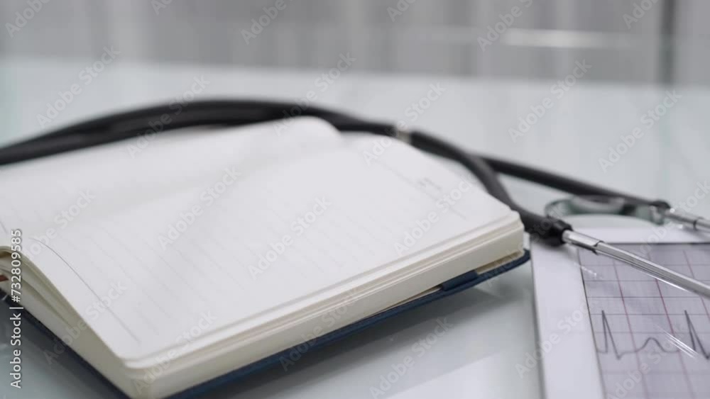 Stethoscope and medication history record form are lying on the glass table. Medicine and healthcare. Doctor workplace Stethoscope and medication history record form are lying on the glass table. Medicine and healthcare. Doctor workplace