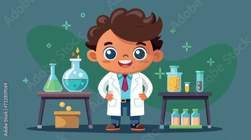 Cute cartoon scientist with colorful lab experiments