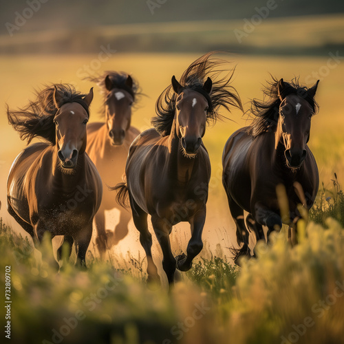 Wild Horses Galloping in Golden Hour Light