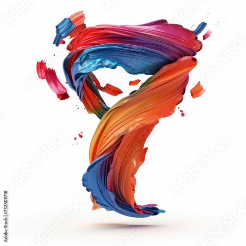 Colorful volumetric brush strokes floating in the air in a shape of number 7, 3D style, isolated on white background