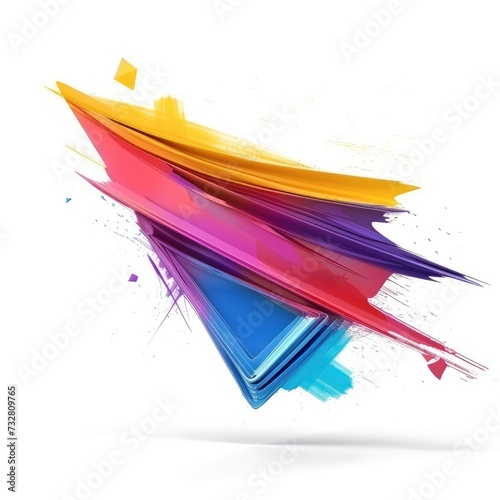 Colorful volumetric brush strokes floating in the air in a shape of triangle  3D style  isolated on white background