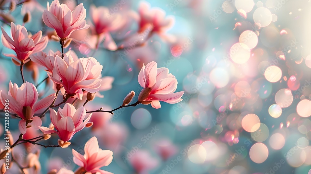 Beautiful blooming magnolia flowers on blurred bokeh background. 