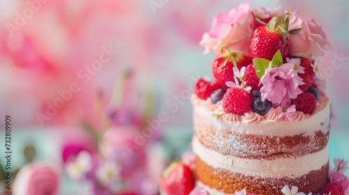 Full view of chic, gorgeous, stylish and delicious wedding cake in the corner of the image with beautiful colorful background
