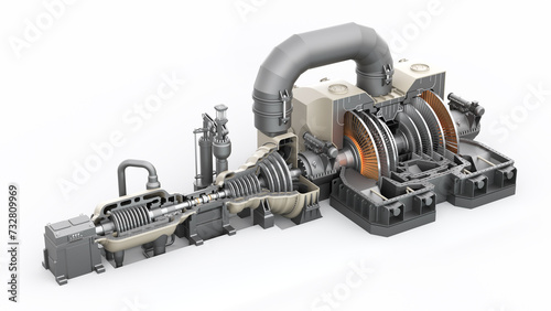 Model of steam turbine in section on white background. Axle with impellers. High pressure turbine for power plants generator. 3d illustration