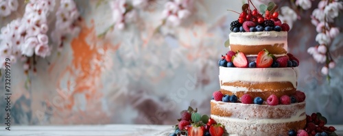 Full view of gorgeous, stylish and delicious wedding cake in the corner of the image with beautiful luxury background