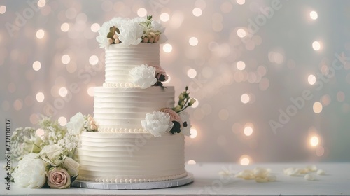 Two-tiered gorgeous and stylish white wedding cake, beautifully decorated in the corner of the image on festive wedding background behind