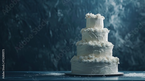 Two-tiered gorgeous and stylish white wedding cake, beautifully decorated in the corner of the image on dark background behind