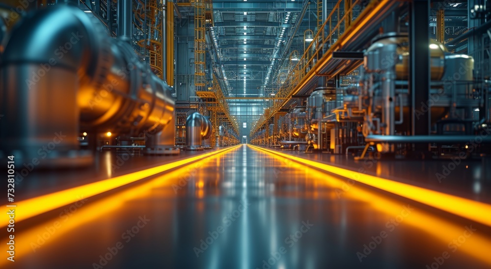 Under the bright lights of the steel factory, the city's infrastructure hums with the rhythmic movements of metal machinery, a testament to the power of engineering in the dark of night