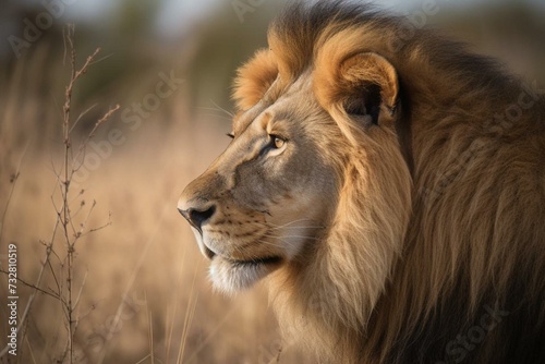 a magnificent lion gazes over its territory  its flowing mane shining in the wind  radiating power and elegance amidst the expansive African grassland. Generative AI