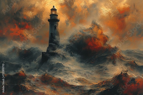 A solitary lighthouse stands tall, its beacon guiding ships through the stormy sea as clouds swirl above, a stoic building in the midst of the great outdoors