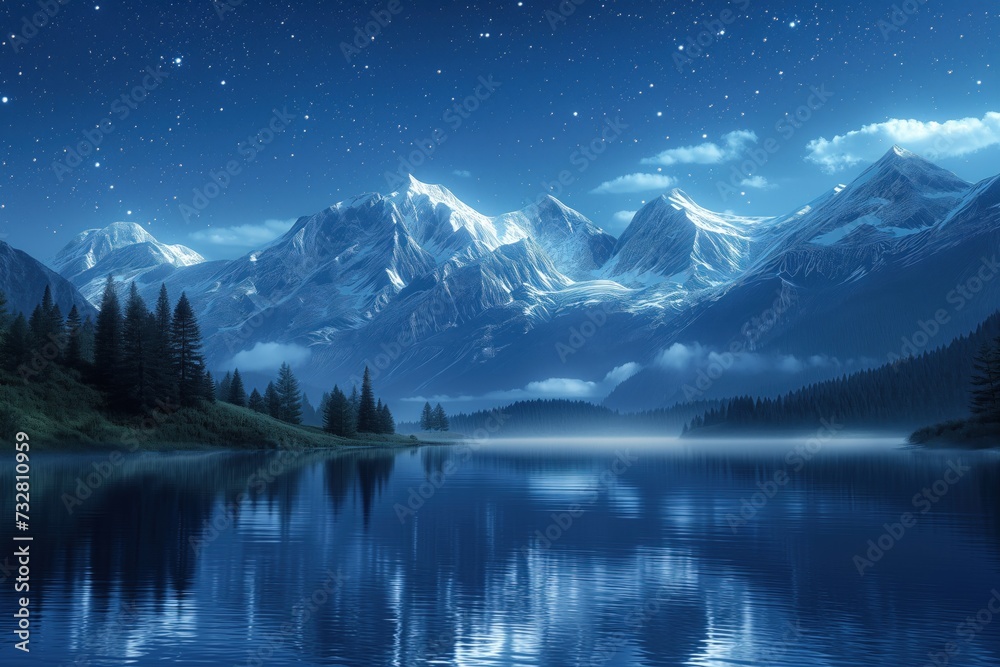 Starry night in the mountains overlooking a mountain lake in which the mountains and pine trees growing on the shore are reflected