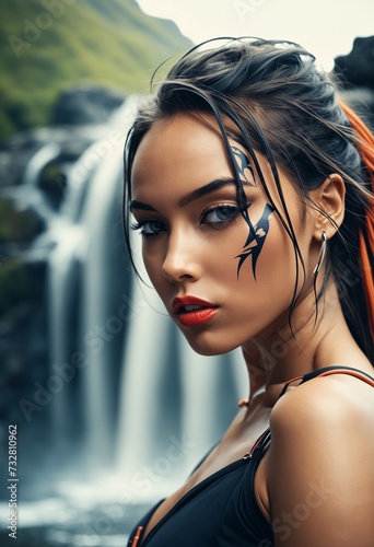 Beautiful Fashion Model with Waterfall Backdrop, Elegant Woman with Artistic Makeup Posing in Front of Waterfall
