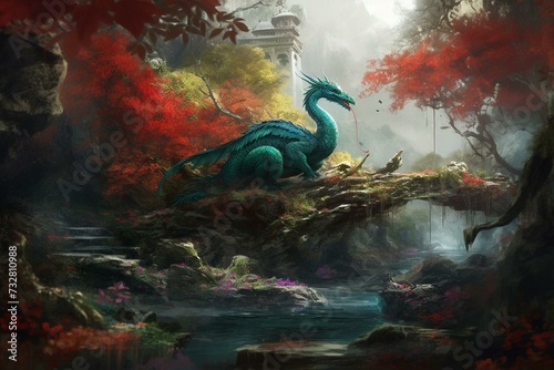 A whimsical world of mythical creatures and breathtaking scenery: an artistic tribute to the beauty of nature. Generative AI