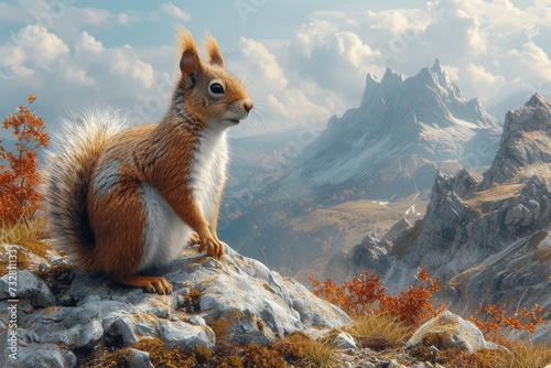 A fearless mammal perched on a rugged mountain rock, a grey squirrel surveys the snowy landscape below as the sky blends seamlessly with its fur photo