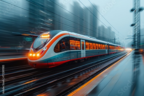 A sleek bullet train speeds through a vibrant metro station, symbolizing the efficient and futuristic world of public transportation