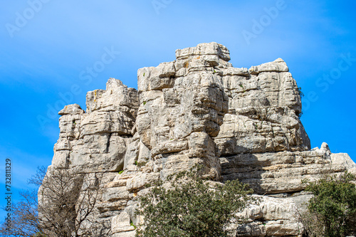 Hiking the Torcal de Antequerra National Park  limestone rock formations and known for unusual karst landforms in Andalusia  Malaga  Spain.