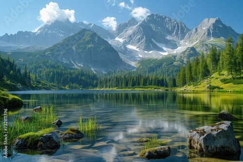 View of a mountain lake, in which underwater pebbles are visible, clouds are reflected, snow-capped mountain peaks and coastal slopes on which coniferous trees grow