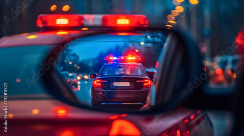 Closeup of a police car with red and blue lights on reflecting in a rearview mirror of the car. Night city patrol of police officers stopping the driver for speeding and violating the traffic laws © Nemanja