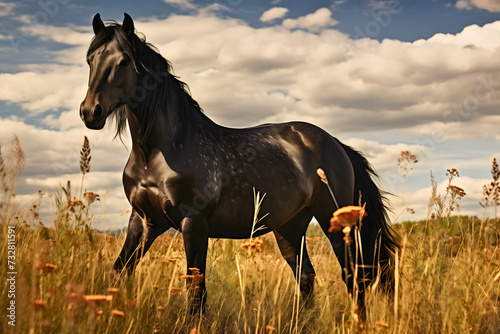 Portrait photography of a beautiful black horse animal standing in the wheat or dry grass field