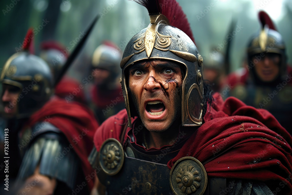 Ancient Roman Centurion during a battle for Gaius Julius Caesar - obrazy, fototapety, plakaty 
