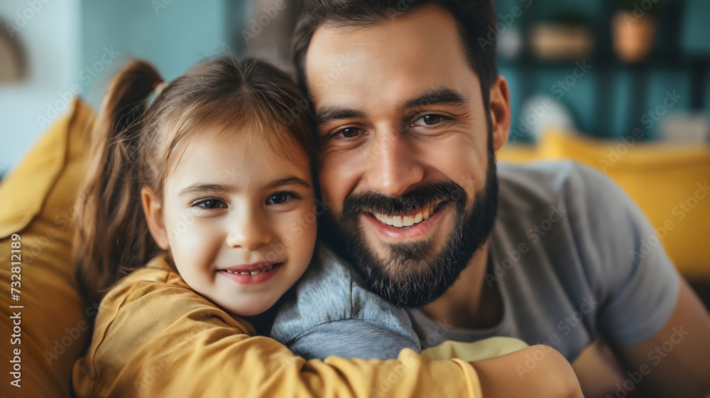 Father and his cute little daughter, man sitting on sofa with his female child or kid, both of them are smiling and looking at the camera. Living room relaxation, happy family, fatherhood concept Father and his cute little daughter, man sitting on sofa with his female child or kid, both of them are smiling and looking at the camera. Living room relaxation, happy family, fatherhood concept