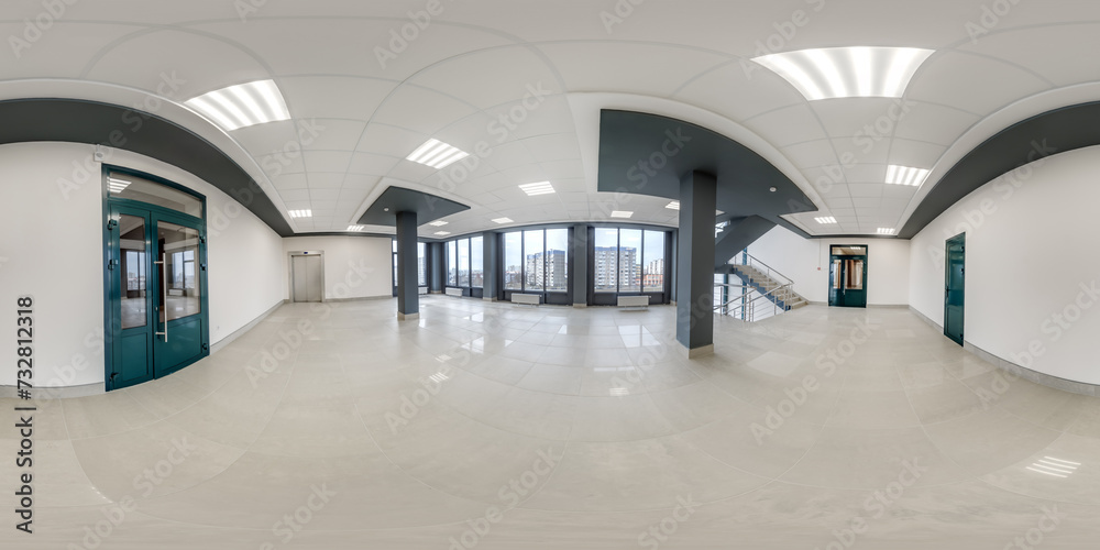 full seamless spherical hdri 360 panorama view in empty modern hall with columns, doors and panoramic windows in equirectangular projection, ready for AR VR content