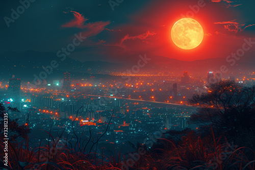 A bustling cityscape illuminated by vibrant neon lights juxtaposed with a serene countryside bathed in the soft glow of moonlight. Concept of urban-rural divide. Generative Ai.