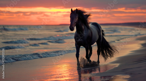 Beautiful black horse animal photography, standing on the sand beach during the golden hour sunset sky with clouds, ocean or sea waves in the background
