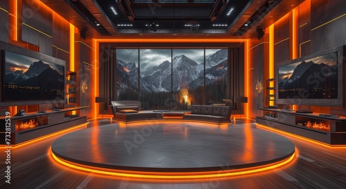 A vibrant oasis within the confines of four walls, this room features glowing orange lights and a floor adorned with captivating art, all illuminated by the natural light pouring in from a large wind
