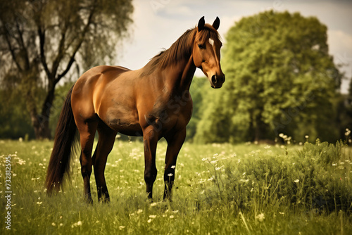 Portrait photography of a beautiful brown domestic horse animal standing on the pasture or meadow with grass © Nemanja