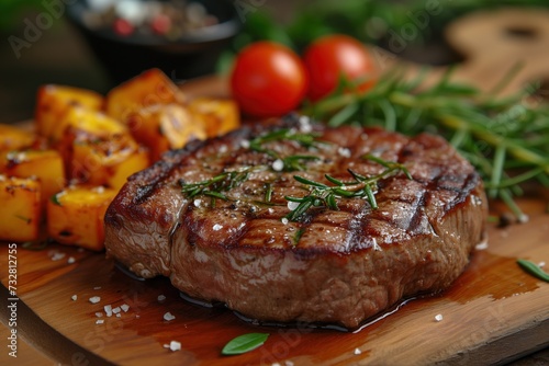 Appetizing juicy steak with grill marks served with fried potatoes, tomatoes, salad, tomato sauce and spices