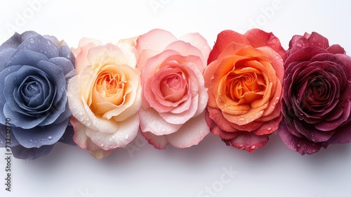 Photo wallpaper with different roses laid out in a row. Beautiful rose flowers on white background background banner. Multi-colored roses in a row postcard template. Floral background isolate.