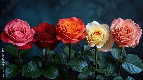 Fototapeta Naklejka Na Ścianę i Meble -  Photo wallpaper of different roses laid out in a row. Beautiful fragrant flowers roses background banner print. Multi-colored roses in a row postcard template. Floral background isolate.