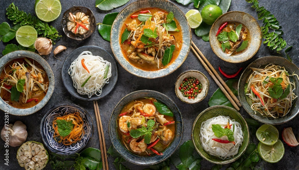 Classic Thai dishes top view Classic Thai dishes top view