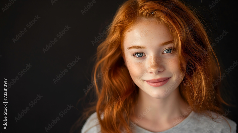 Closeup studio photography of a beautiful young woman with red hair wearing an olive green t shirt, looking at the camera, and smiling. Isolated on a black background, pretty girl model with freckles Closeup studio photography of a beautiful young woman with red hair wearing an olive green t shirt, looking at the camera, and smiling. Isolated on a black background, pretty girl model with freckles