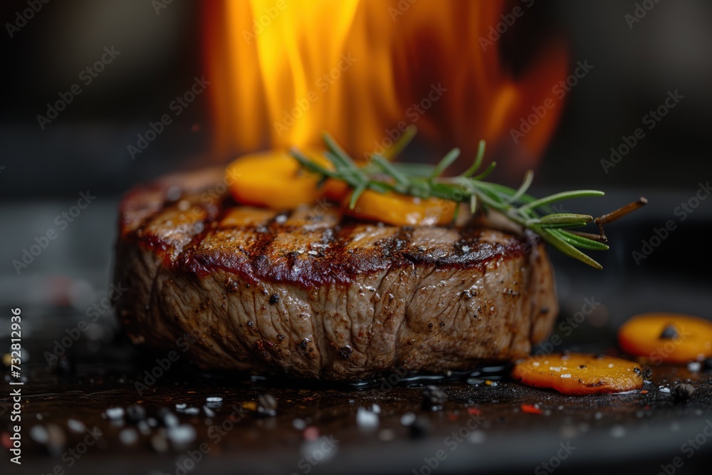 Appetizing juicy grilled steak decorated with a sprig of rosemary, fried carrots and spices on a blurred background with fire Appetizing juicy grilled steak decorated with a sprig of rosemary, fried carrots and spices on a blurred background with fire