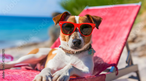 Beautiful Jack Russell Terrier dog breed closeup, wearing red sunglasses, resting and relaxing on a sunny summer vacation or holiday beach, lying on a comfortable lounge chair or easy chair 