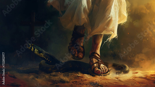A male person wearing white robe and sandals, symbolizing Jesus Christ, stepping over the snake, crushing her head and body. Reference to Book of Genesis from the Holy Bible and God's promises  photo