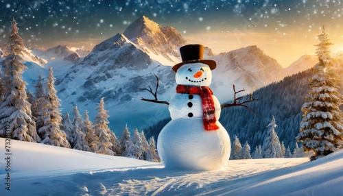 Merry christmas and happy new year greeting card with copy-space.Happy snowman standing in christmas landscape.Snow background.Winter fairytale, Generative AI